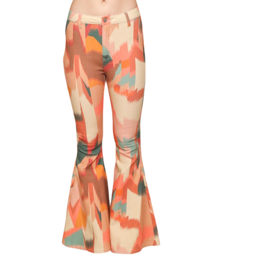 Teal Peach Cream Brown Abstract Bell Bottom Pant Jeans