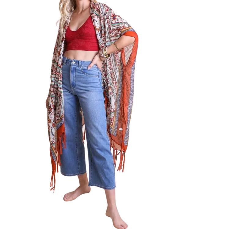 Rust Boho Intricate Diamond Floral Design Kimono Duster Cover with Tassel Trim