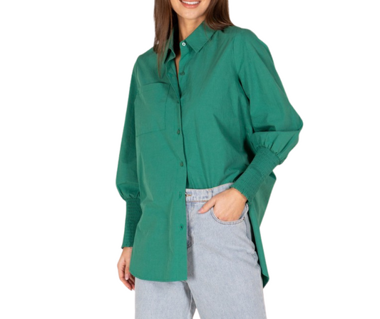 Kelly Green Button Down Shirt Top with Shirred Cuff