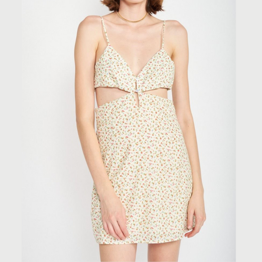 Dainty Floral Spaghetti Strap Mini Dress w/ Cut Out Waist