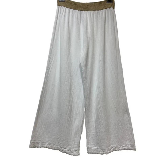 Italian White Flowy Linen Pants with Elastic Waist