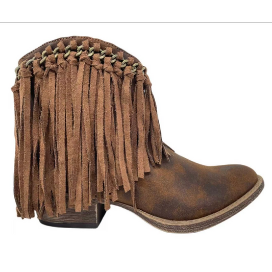 Juno Tan Fringe Heeled Ankle Cowboy Bootie Boot