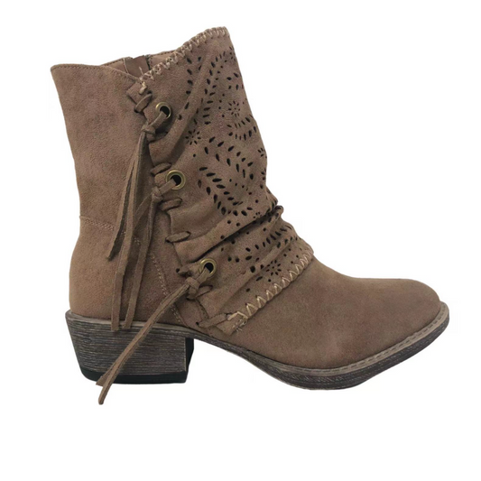 Sydney Taupe Boho Punched Faux Suede Ankle Detail Heeled Ankle Bootie Boot