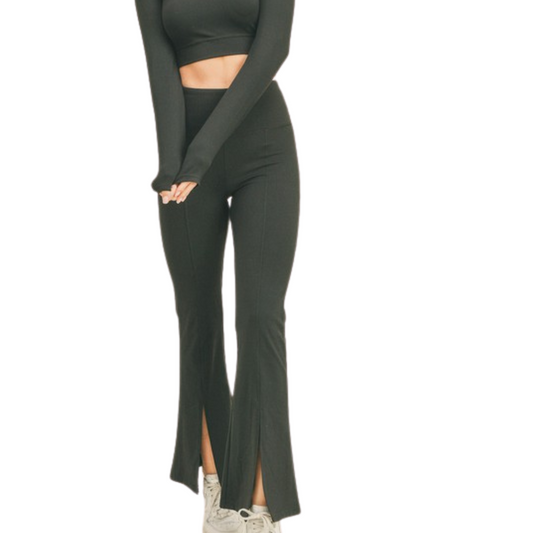 Black High-waisted Tummy Control Stretchy Front Bottom Slit Flared Leggings