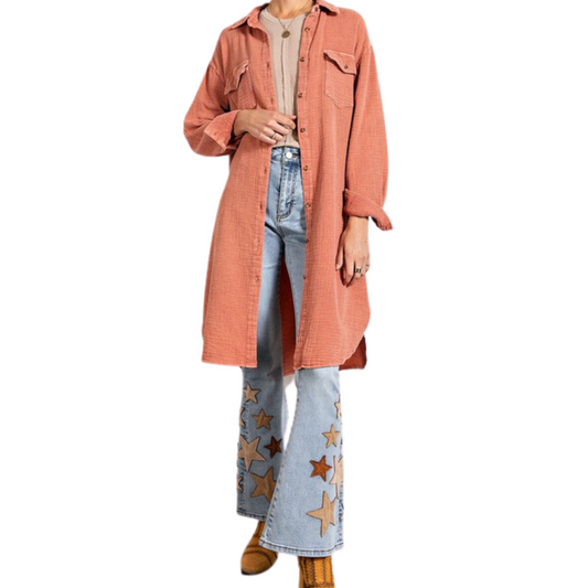 Rosy Rust Long Cotton Gauze Mineral Washed Button Down Shirt Dress