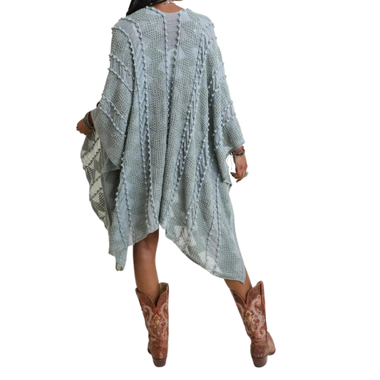 Sage Embroidered Open Weave Pattern Kimono Pancho