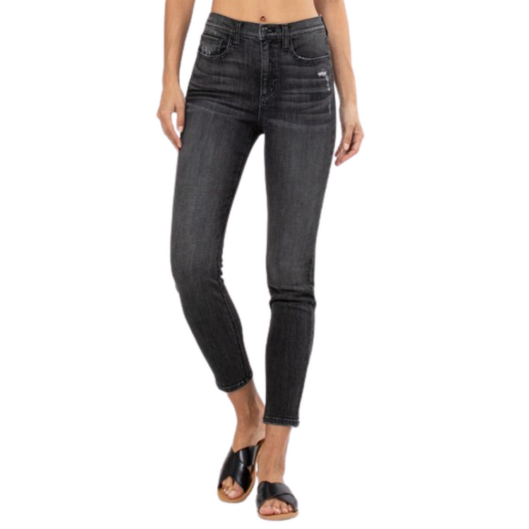 High Rise Skinny Black Wash Denim Jeans with Hip and Pocket Distressing