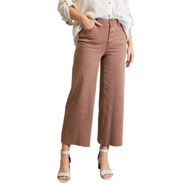 Mocha Rust Button Front Wide Leg Raw Hem Cropped Twill Pants