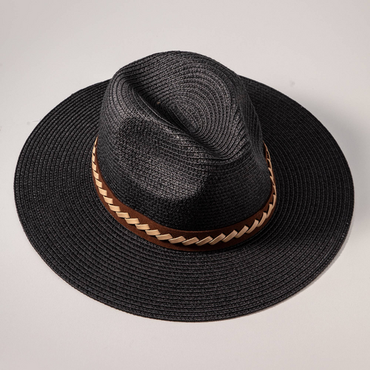 Leather Strap Straw Fedora Hat (Black)