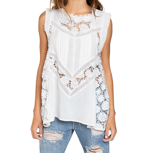 White Gauze Cotton with Lace Panel Detail Sleeveless Top