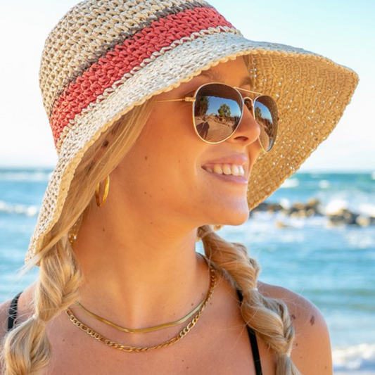 Natural Straw Bucket Hat w Stripe Hat Band Detail