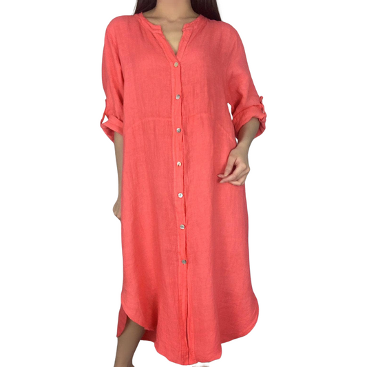 Long Coral Italian Linen Button Down Collarless Long Sleeve Shirt Dress