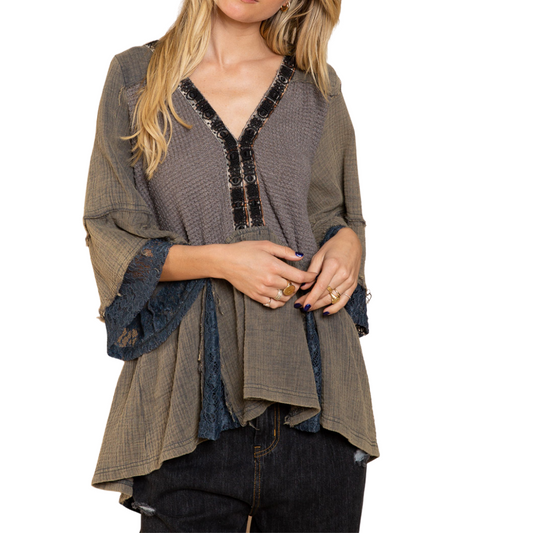 Charcoal Cotton Gauze, Lace and Waffle Fabric Bell Sleeve Top with Lace-up Back Detail