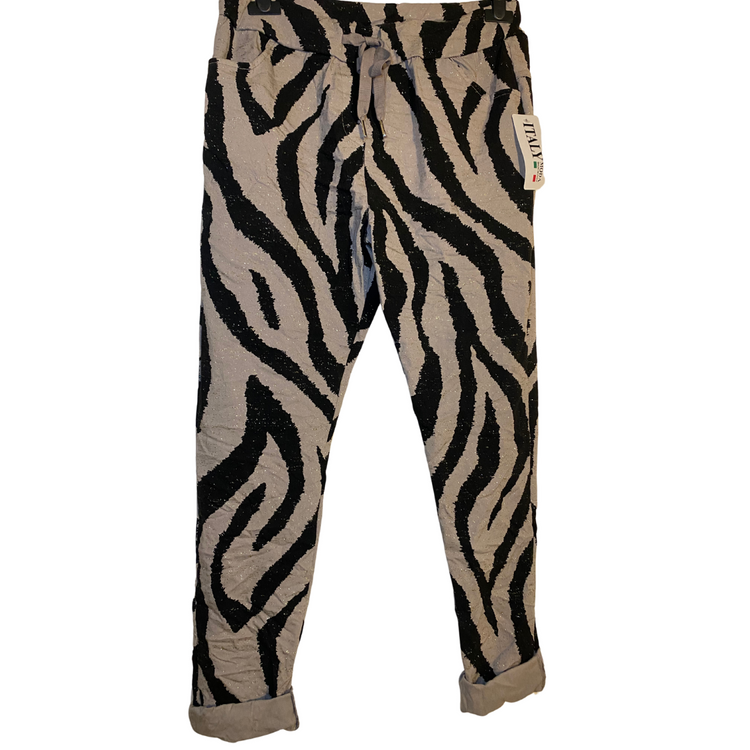 Black Ivory Zebra Stretchy Italian Pant w/ Subtle Metallic Sparkle, Side Pockets & Drawstring