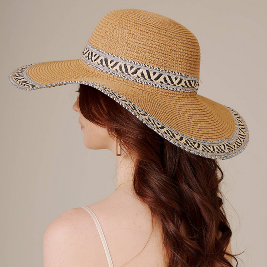 Aztec Trim Floppy Straw Sun Hat