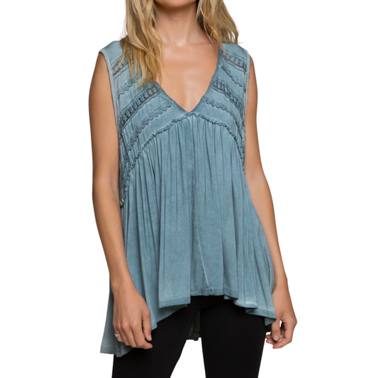 Blue Sage Ultra Soft Babydoll Sleeveless Tank Top with Lace Trim Detail