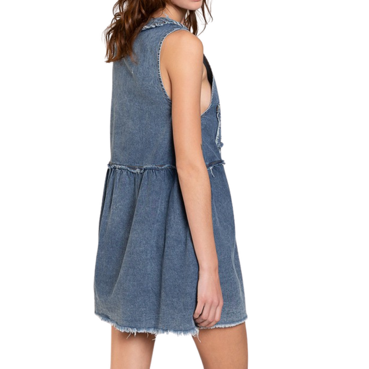 Sleeveless V-Neck Denim Shirt Dress with Front Pockets Distressed Edging