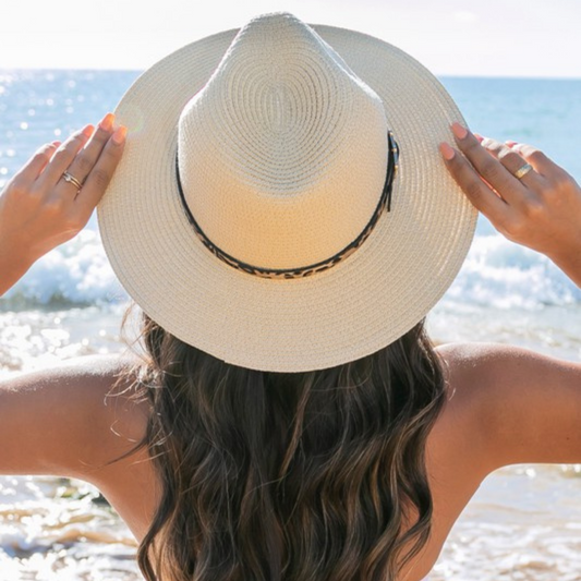 Natural Straw Fedora Panama Hat with Leopard Hat Band