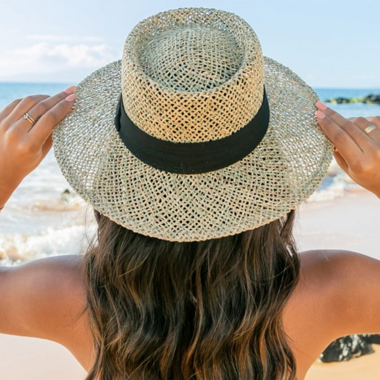 Natural Seagrass Panama Hat Fedora Hat w Black Hat Band