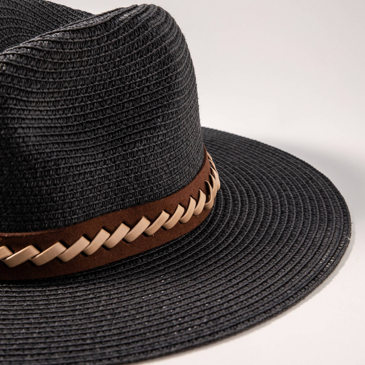 Leather Strap Straw Fedora Hat (Black)