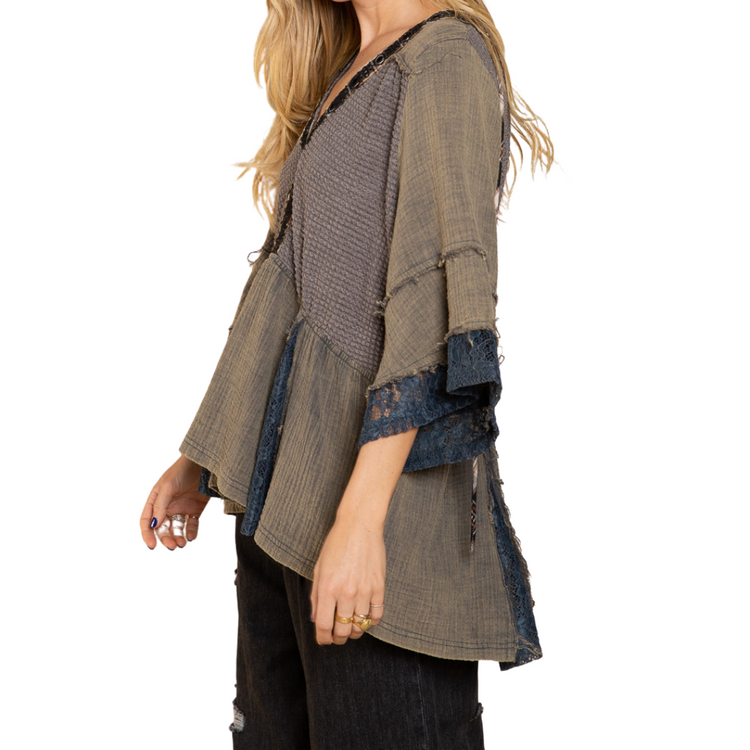 Charcoal Cotton Gauze, Lace and Waffle Fabric Bell Sleeve Top with Lace-up Back Detail