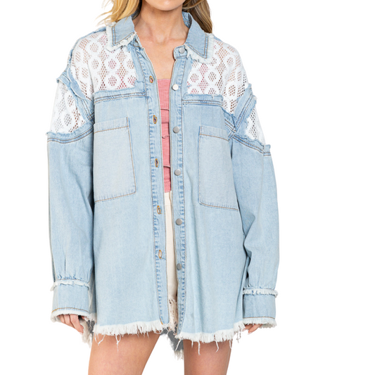 Oversized Denim Jacket with Upper Contrast Crochet Fabric