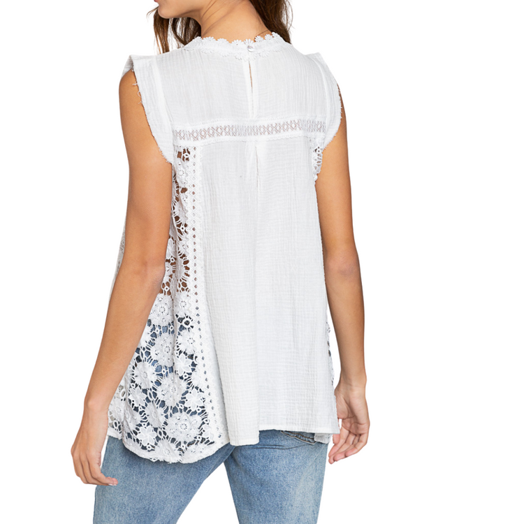 White Gauze Cotton with Lace Panel Detail Sleeveless Top