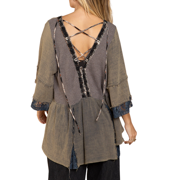 Charcoal Cotton Gauze, Lace and Waffle Fabric Bell Sleeve Top with Lace-up Back Detail