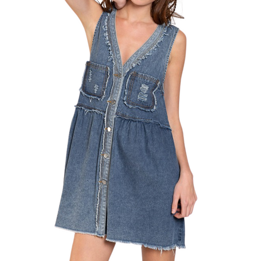 Sleeveless V-Neck Denim Shirt Dress with Front Pockets Distressed Edging