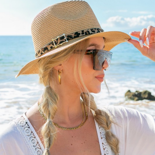 Khaki Straw Fedora Panama Hat with Leopard Hat Band