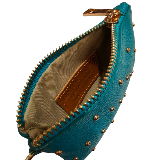 Italian Leather Keychain Coin Purse Wallet with Gold Ball Studs in Various Colors