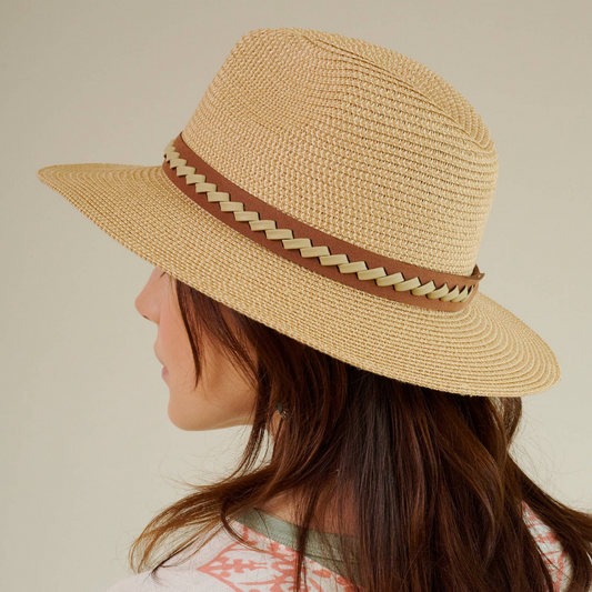 Leather Strap Straw Fedora Hat (Beige)