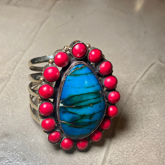 Chunky Silver Cuff with Large Verasite Stone Center Framed in Coral from India