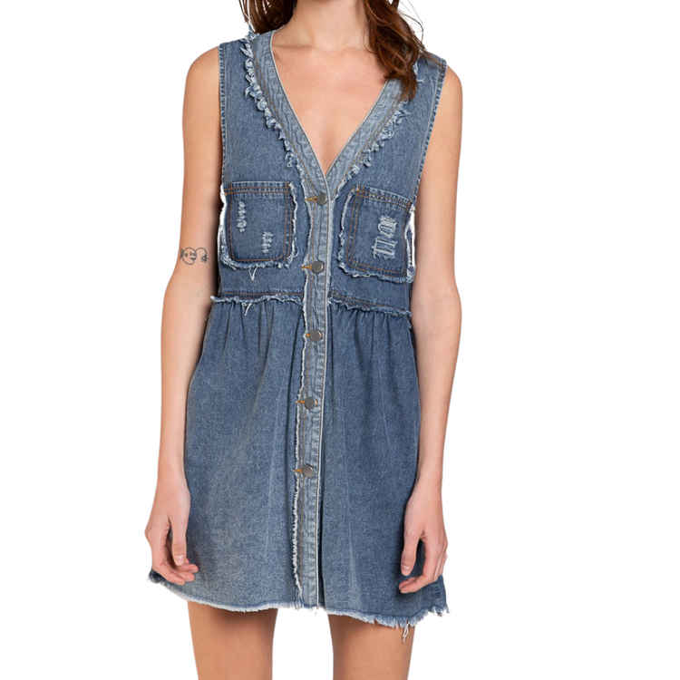 Sleeveless V-Neck Denim Shirt Dress with Front Pockets Distressed Edging