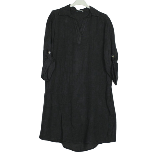 Black Italian Linen V-Neck Knee Length Dress Top