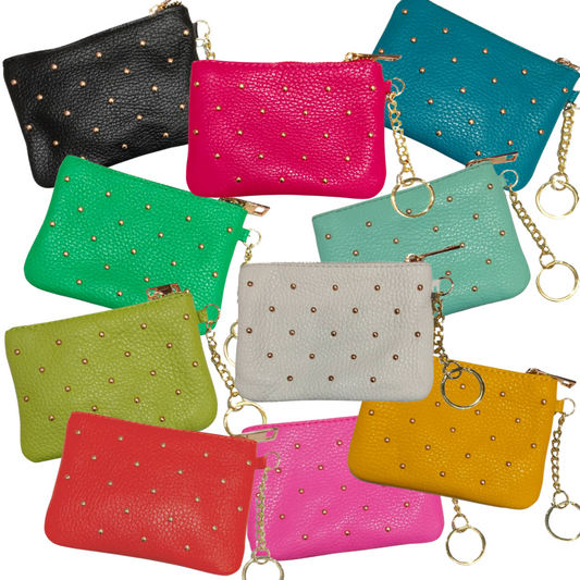 Italian Leather Keychain Coin Purse Wallet with Gold Ball Studs in Various Colors