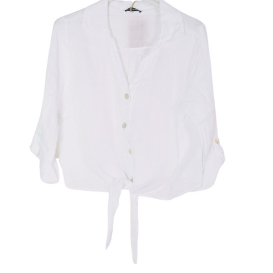 White Italian Linen Button Down Blouse Top with Front Bottom Tie