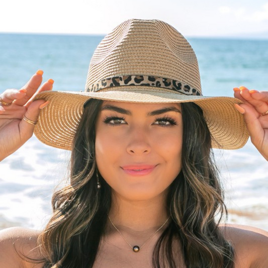 Khaki Straw Fedora Panama Hat with Leopard Hat Band