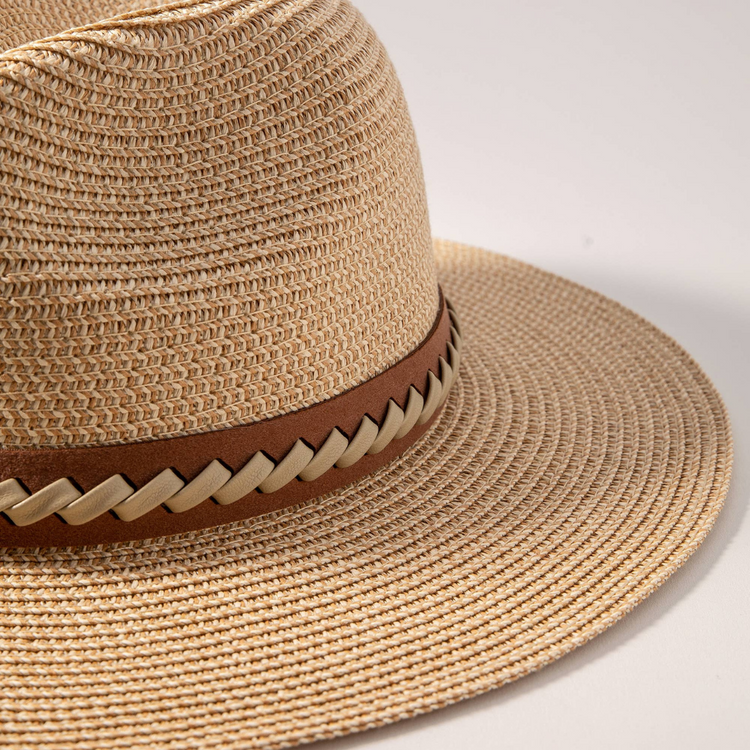 Leather Strap Straw Fedora Hat (Beige)