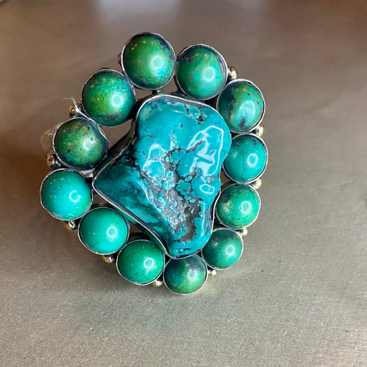 Chunky Silver Cuff with Large Center Turquoise Stone Center Framed in Turquoise from India