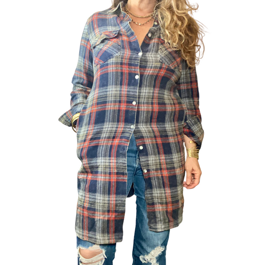 Sexy Navy Gray Rust Plaid Flannel Shirt Dress