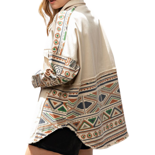 Cream and Tribal Printed Block Print Twill Shaket with Pockets