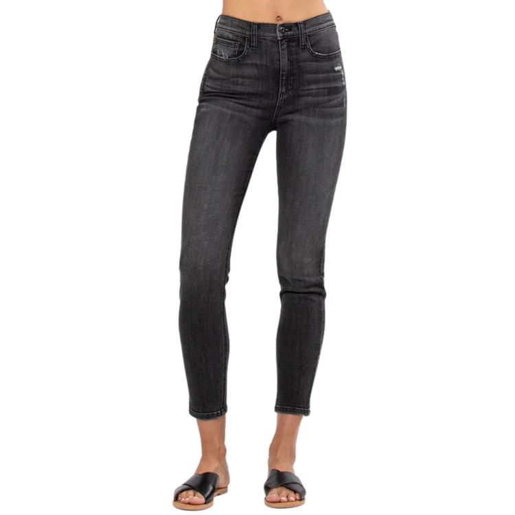 High Rise Skinny Black Wash Denim Jeans with Hip and Pocket Distressing