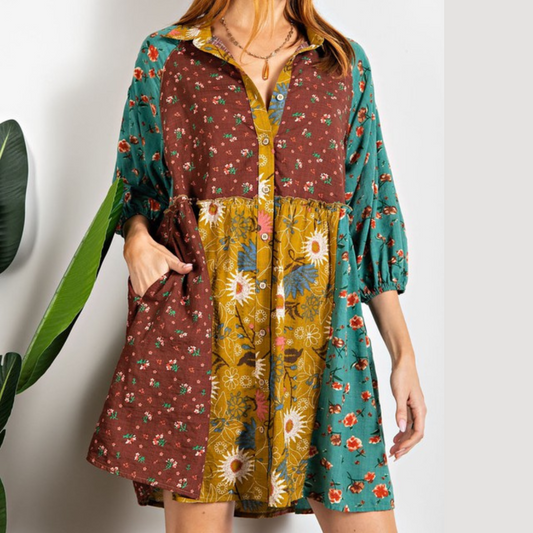 Floral Mixed Print Babydoll Button Down Shirt Dress with Pockets