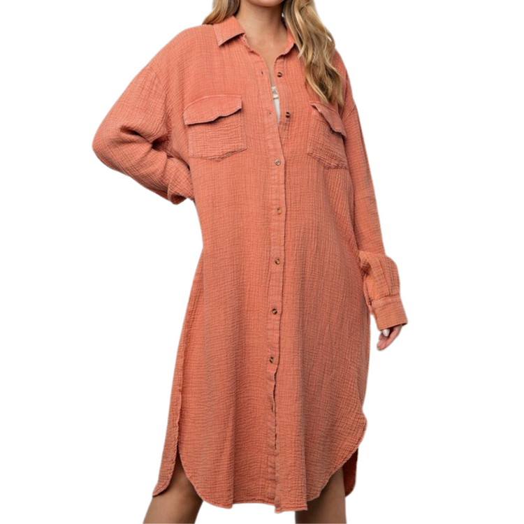 Rosy Rust Long Cotton Gauze Mineral Washed Button Down Shirt Dress