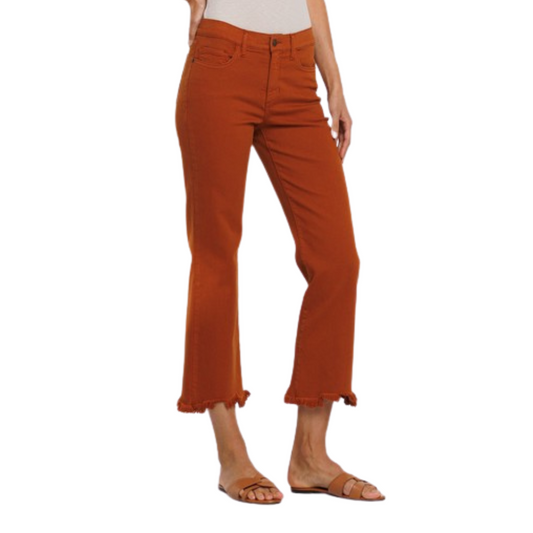 Rust Orange Mid Rise Cropped Straight Leg Jeans with Fray Hem