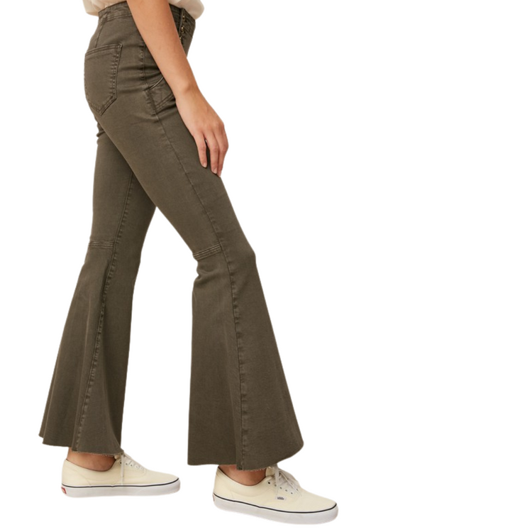 Stretch High Rise Flared Bell Bottom Pants With Buttons