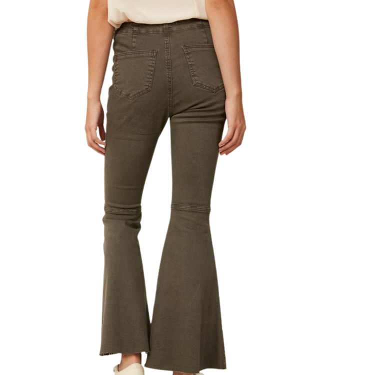 Stretch High Rise Flared Bell Bottom Pants With Buttons