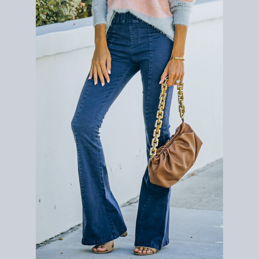 Navy Elastic Waist Flare Bellbottom Pants