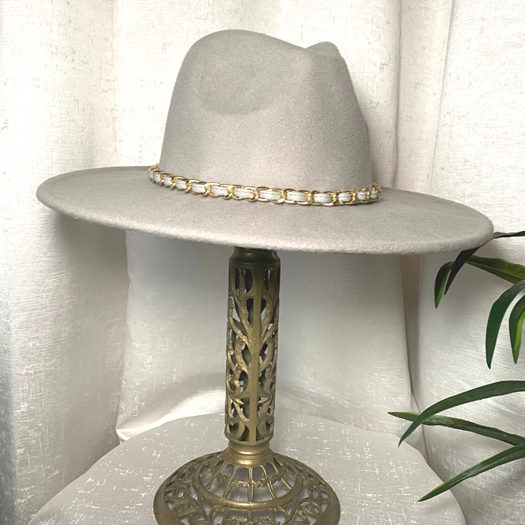 Felt Gray Fedora Hat with Gold and Gray Chain Hatband